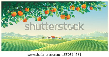 Summer landscape with apple tree branch of an the foreground  and mountains, hills and the village in the background  Royalty-Free Stock Photo #1550514761