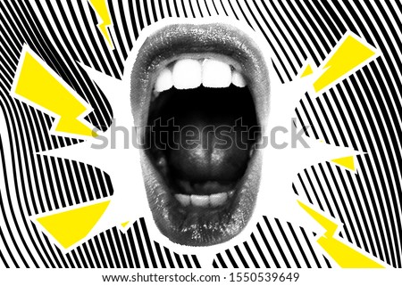 Open Screaming Mouth On A Striped Background. Bright vector collage with universal graphic Elements, Geometric Shapes, Dotted Halftone Object for your design Royalty-Free Stock Photo #1550539649