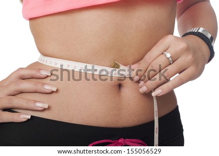 Beautiful woman is measuring her waist, insolatet on white background