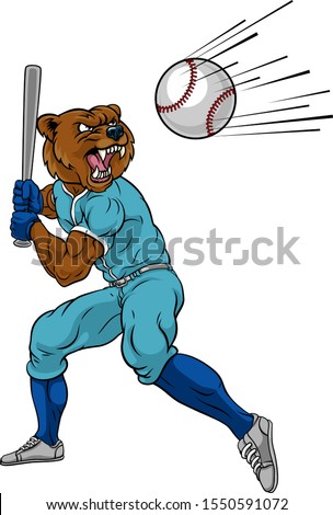 A bear baseball player cartoon animal mascot swinging a bat at a fast ball
