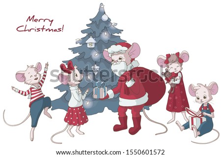 Cute cartoon mouses. Santa claus giving out presents for happy kids. Festive life scene near the Christmas tree. Template for greeting card.