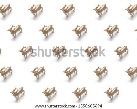 Christmas background, trendy pattern, isometric photography, Golden reindeers, white isolated background, winter, autumn,  Minimal Christmas or New Year concept.