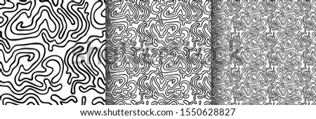 Seamless simple texture with hand drawn abstract black shapes isolated on white background; Vector endless wavy pattern with curves for decor, fabric print, gift wrap, invitations and wrapping paper