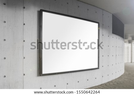 Mockup of the blank white street city outdoor advertising horizontal billboard in metal frame on concrete wall