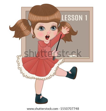 a girl in a pink dress with pigtails standing at the blackboard, explains something and waves a pointer, color clip-art on a white isolated background