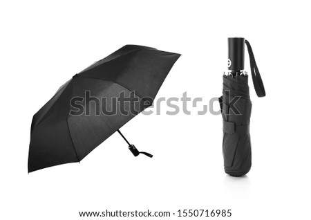 Set of Black Foldable Umbrella Isolated on White Background. Design Template for Mock-up, Branding, Advertise etc. Front and Closed View Royalty-Free Stock Photo #1550716985