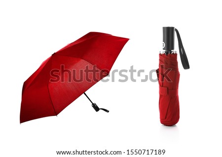 Set of Lush Lava Red Foldable Umbrella Isolated on White Background. Design Template for Mock-up, Branding, Advertise etc. Front and Closed View Royalty-Free Stock Photo #1550717189