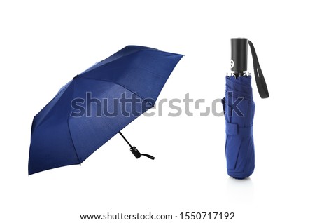 Set of Phantom Blue Foldable Umbrella Isolated on White Background. Design Template for Mock-up, Branding, Advertise etc. Front and Closed View Royalty-Free Stock Photo #1550717192