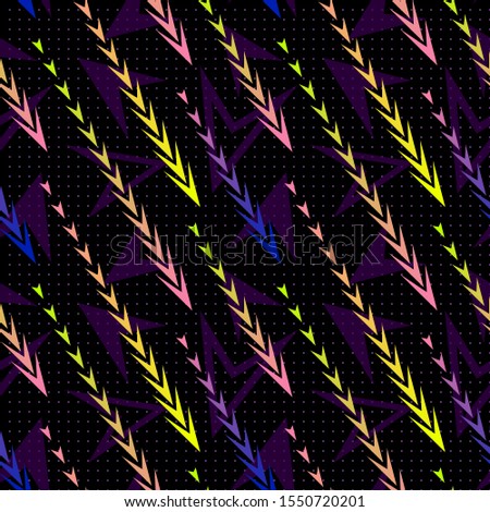 Abstract geometric seamless pattern with diagonal gradient lines, arrows, triangles, tracks. Sport style texture, urban art background. Vibrant colors, blue, purple, pink, yellow. Trendy repeat design