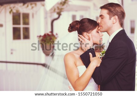 Happy bride and groom in wedding dress prepare for married in wedding ceremony. Romantic  love of man and woman couple.