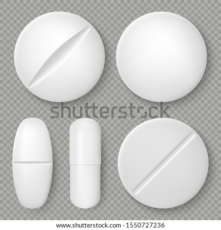 Realistic white medicine pills and tablets isolated on transparent background. Pharmaceutical design object. Healthcare template. EPS 10 Royalty-Free Stock Photo #1550727236