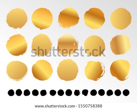 Set of Gold round button. Hand painted ink blob. Hand drawn grunge gold circle. Graphic design element for cards, corporate identity, web, prints etc. Vector illustration. Isolated on white background