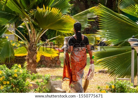 Woman in traditional South Indian clothing walks away from camera among tropical setting carrying traditional sweeper and other house cleaning tools 