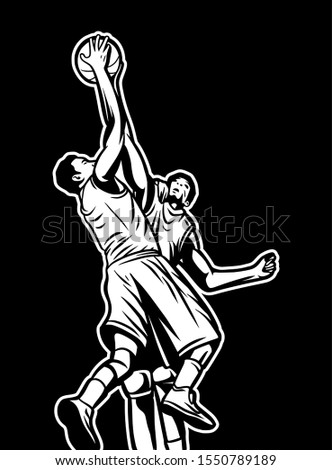 Vintage retro illustration of player fighting for the ball rebound black and white