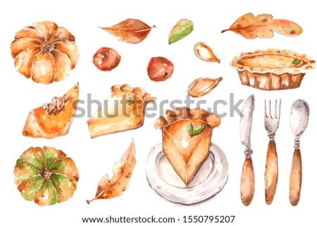 Thanksgiving watercolor sketch clipart set with pumpkins, pie and pieces of cake in a plate, autumn leaves and cutlery. hand drawn isolated on a white background clipart.