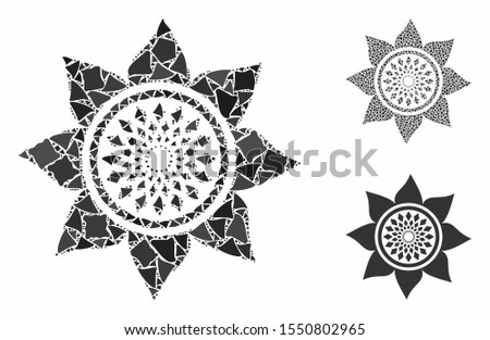 Sunflower flower composition of tuberous parts in variable sizes and shades, based on sunflower flower icon. Vector tuberous dots are composed into composition.