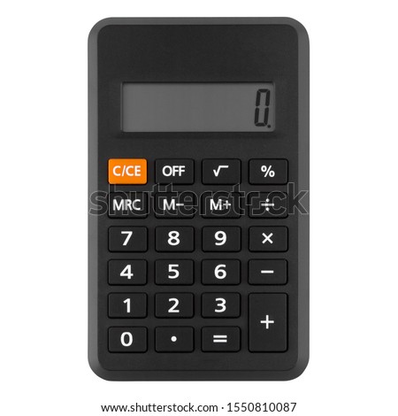 black button calculator isolated on white background, top view
