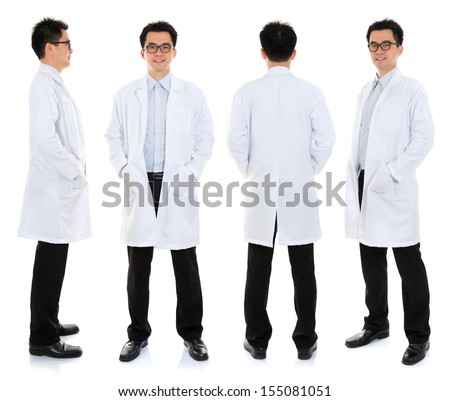 Full body Asian male beauty therapist in beautician uniform with confident smile, standing in different angle, front, back and side, isolated on white background. Royalty-Free Stock Photo #155081051