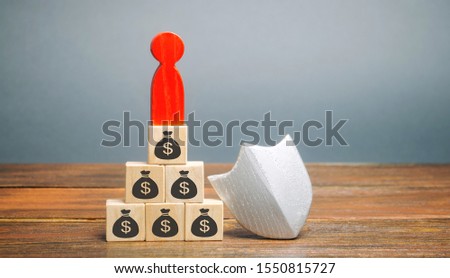 Wooden blocks with money, man and protection shield. Concept security of money, guaranteed deposits. Client rights protection. Compensation for losses in inflation, safeguarded investment capital.