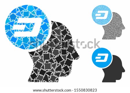 Dash thinking head mosaic of ragged elements in various sizes and color tinges, based on Dash thinking head icon. Vector tremulant elements are composed into mosaic.