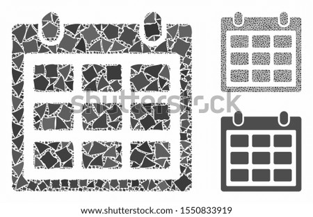 Calendar composition of joggly items in various sizes and color tints, based on calendar icon. Vector trembly items are composed into composition. Calendar icons collage with dotted pattern.