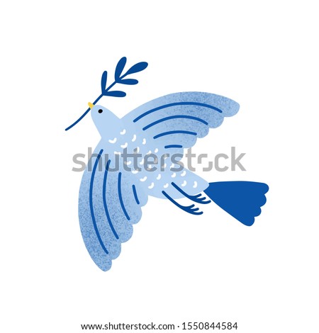Dove with olive branch vector illustration. Bird, pigeon holding plant twig isolated on white background. Traditional Jewish holiday symbol. International peace and freedom metaphor.
