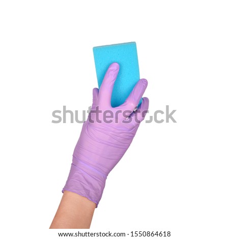 Sponge for washing dishes in female hand. Hand in a latex violet glove isolated on white. Woman's hand sign isolated on white. A hand in a glove holds a sponge for washing and cleaning dishes