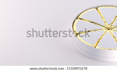 3d rendering of  cardboard round container for  cheese.  Realistic products packaging mockup with soft shadows. Opened with processed cheese slices. Isolated on white background