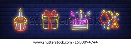 Birthday party neon sign set. Cake with candles, air balloons, cupcake. Vector illustration in neon style for topics like festive event, anniversary, surprise