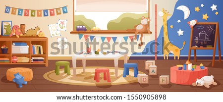 Kindergarten room interior flat vector illustration. Cozy playroom with cute children paintings on wall, furniture and toys. Nursery school environment for teaching kids and playing games. Royalty-Free Stock Photo #1550905898