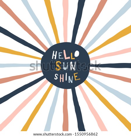Colorful childish illustration with sun and text. Hello sunshine paper cut style lettering. Typographic print for kids nursery design.