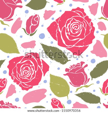 Beautiful seamless floral pattern with rose buds, leaves, petals and drops in pink, red, green, blue colors on white background. Botanical surface design. Vector illustration with rose silhouettes.