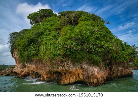 Los Haitises National Park mangroves, caves,rich tropical forest, multicolored tropical birds and manatees. The coast is dotted with small islets where frigates and pelicans nest,Dominican republic