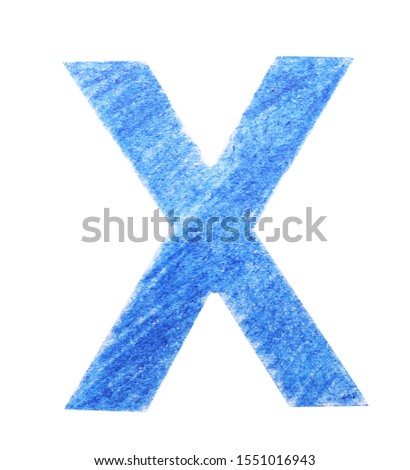 Letter X written with blue pencil on white background, top view