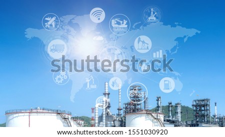Double exposure of engineer holding walkie talkie are working orders the oil and gas refinery plant. Industry petrochemical concept image and icon connecting networking using technology.