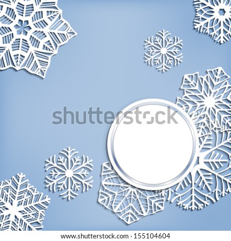 White paper label and snowflakes on blue background with space for text, Christmas illustration