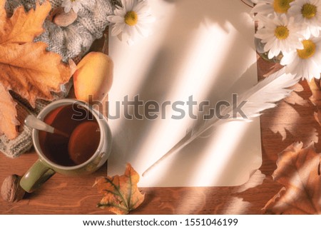 Top view on a sheet of paper and autumn dry leaves Mockup clipboard with a blank sheet of white paper. Creative template for lettering your plans.