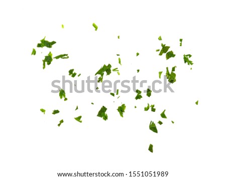 Fresh green chopped parsley leaves isolated on white background and texture, top view. Chopped parsley on a white background isolated. Chopped Parsley Leaves. Fresh Herbs  Royalty-Free Stock Photo #1551051989