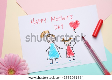 Flat lay composition with handmade greeting card for Mother's Day on color background