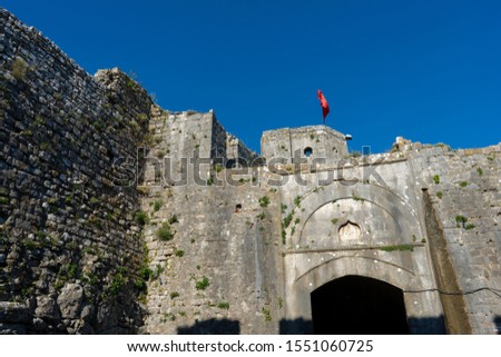 Rozafa castle located in north Albania on the city of Shkodra. picture taken outside the castle showing the stone walls and the front gate