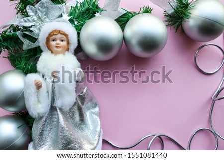 Merry Christmas and Happy New Year Greeting Card Design. Snow Maiden and New Year's garland of silver balls