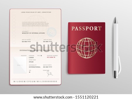 Realistic passport with globe sign on red cover and pen mockup set of 3d vector illustrations isolated on light background. Open and closed ID document for traveling.