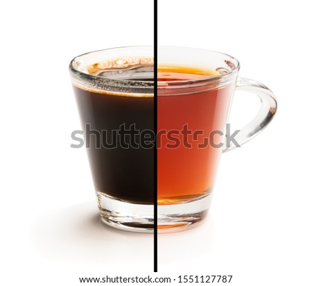 Cup split  in half. Tough choice tea vs coffee concept   Royalty-Free Stock Photo #1551127787