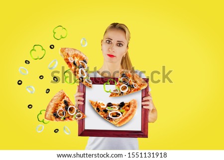 beautiful young blond woman on a yellow background. Healthy and fast food concept. toning. selective focus