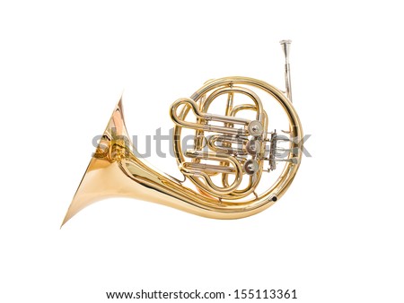 French horn on a white background Royalty-Free Stock Photo #155113361