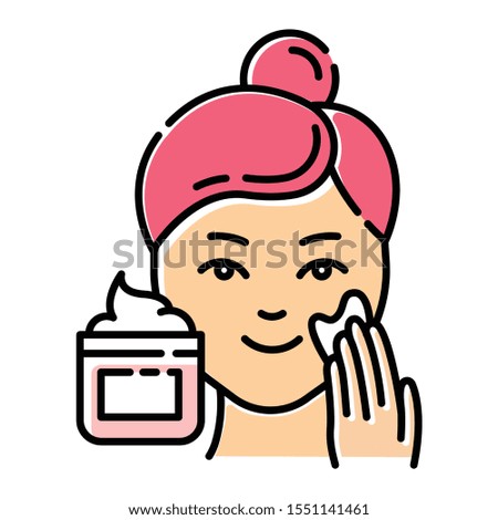 Applying cream color icon. Skin care procedure. Facial beauty treatment. Face product for lifting and exfoliating effect. Dermatology, cosmetics, makeup. Isolated vector illustration