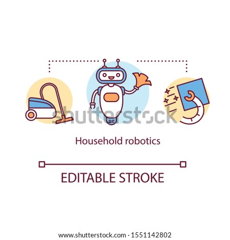 Household robotics concept icon. Domestic indoor robot. Automatic house cleaner. Electronic housekeeping device idea thin line illustration. Vector isolated outline drawing. Editable stroke