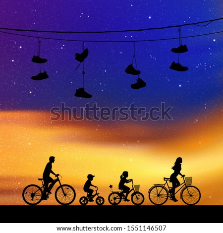 Family on bikes under shoes on wires at night. Vector illustration with silhouettes of cyclists. Family road trip. Northern lights in starry sky. Colorful aurora borealis