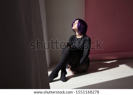fashionable woman with purple hair anime Japan cosplay