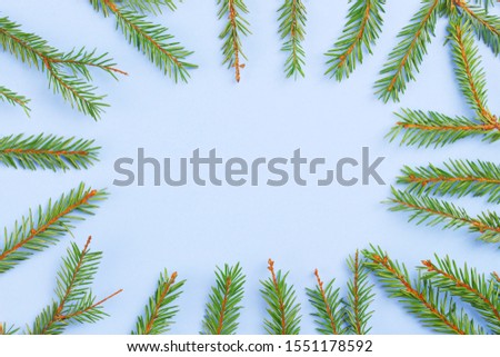 Christmas composition. Creative layout fir or spruce green branches on blue background. Square frame with christmas tree branch. Flat lay, top view, copy space. Pastel colors, trendy minimal concept.